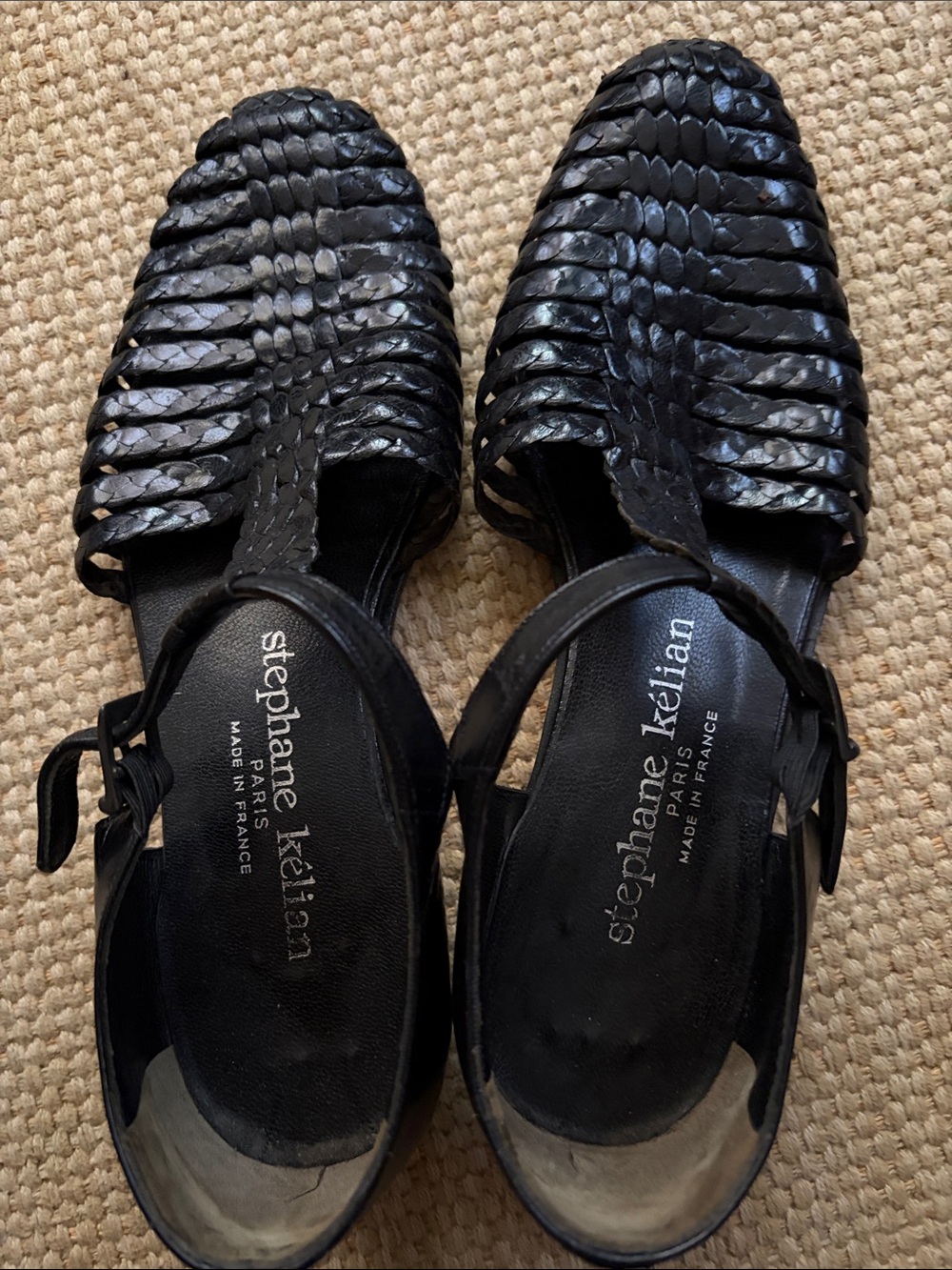 Stephane Kelian Black Woven Leather Huarache Sandals with Ankle Strap